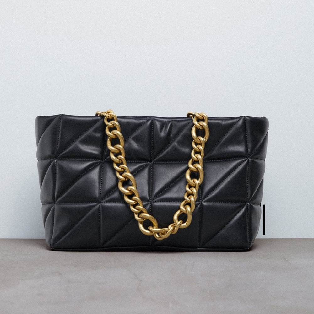 Zara Black Quilted Tote Bag with Chain Strap